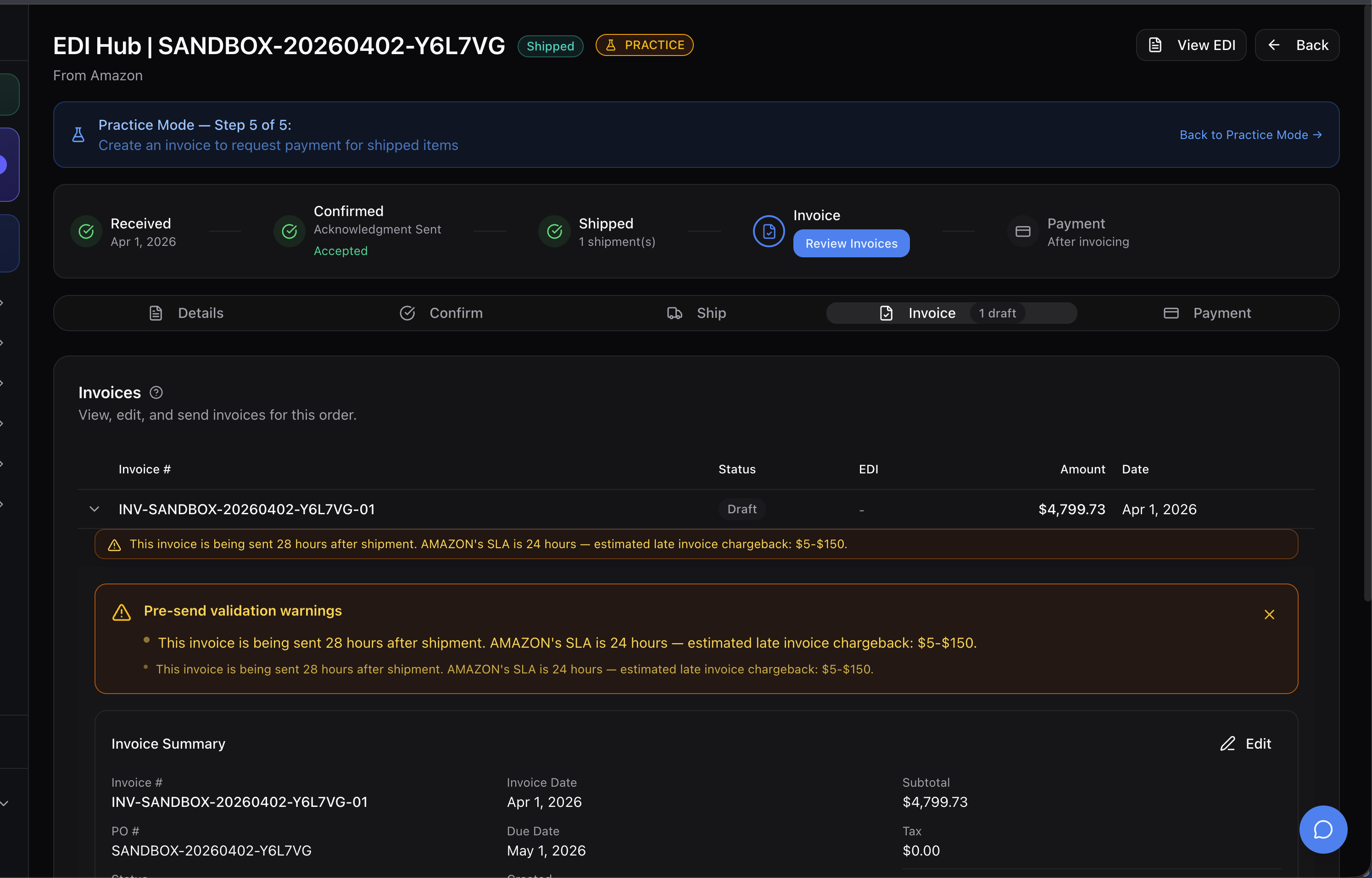 Invoice tab showing auto-generated invoice with compliance warnings and payment details